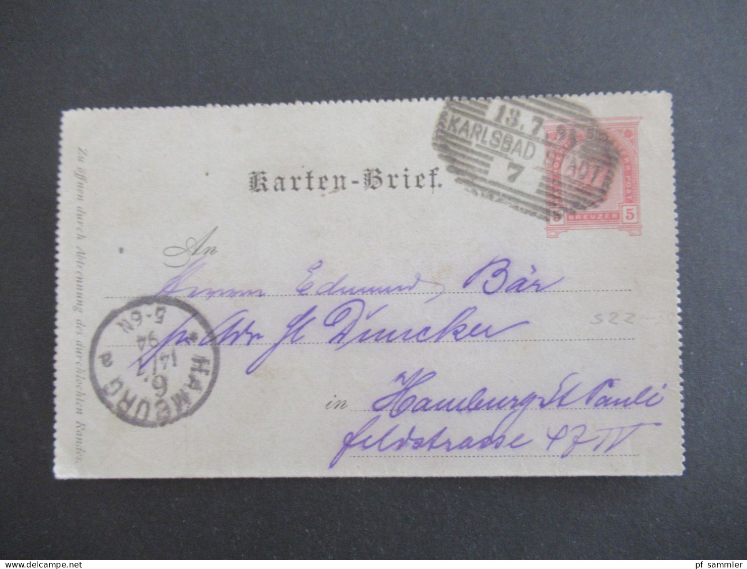 1914 Österreich / Tschechien Kartenbrief 5 Kreuzer Strichstempel Karlsbad Stadt 7 Nach Hamburg Gesendet Mit Ank. Stempel - Carte-Lettere