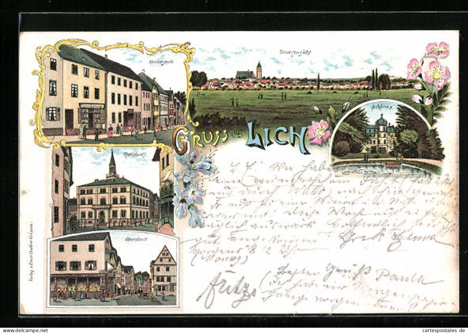 Lithographie Lich, Rathaus, Unterstadt, Oberstadt, Schloss  - Lich