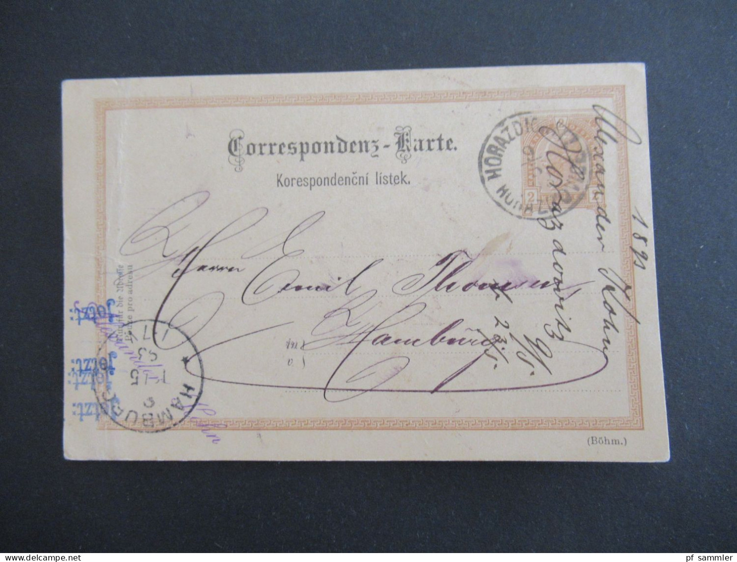 1893 Österreich / Tschechien GA 2 Kreuzer Stempel Horazdovice Horaschdowitz Horazdiowitz Und Ank. K1 Hamburg - Cartes Postales