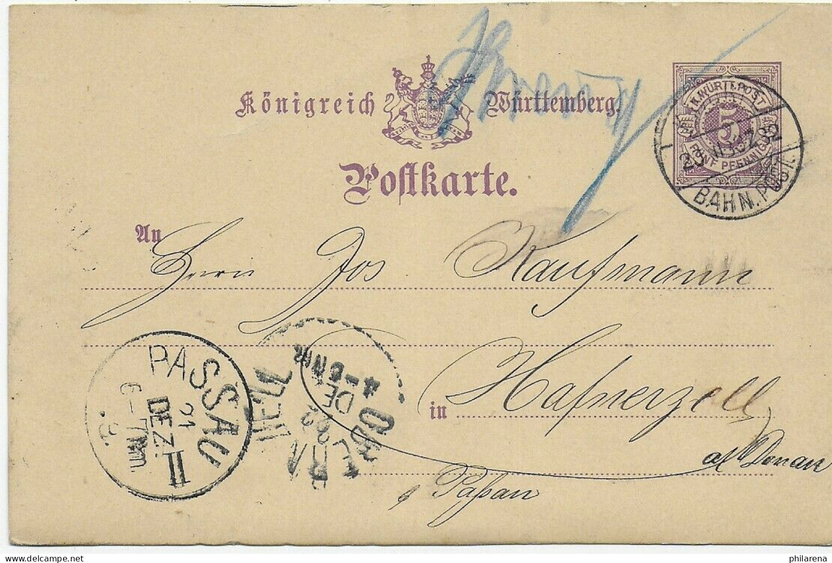 Ganzsache Schwenningen Nach Hafnerzell/Oberzell 1883 - Lettres & Documents