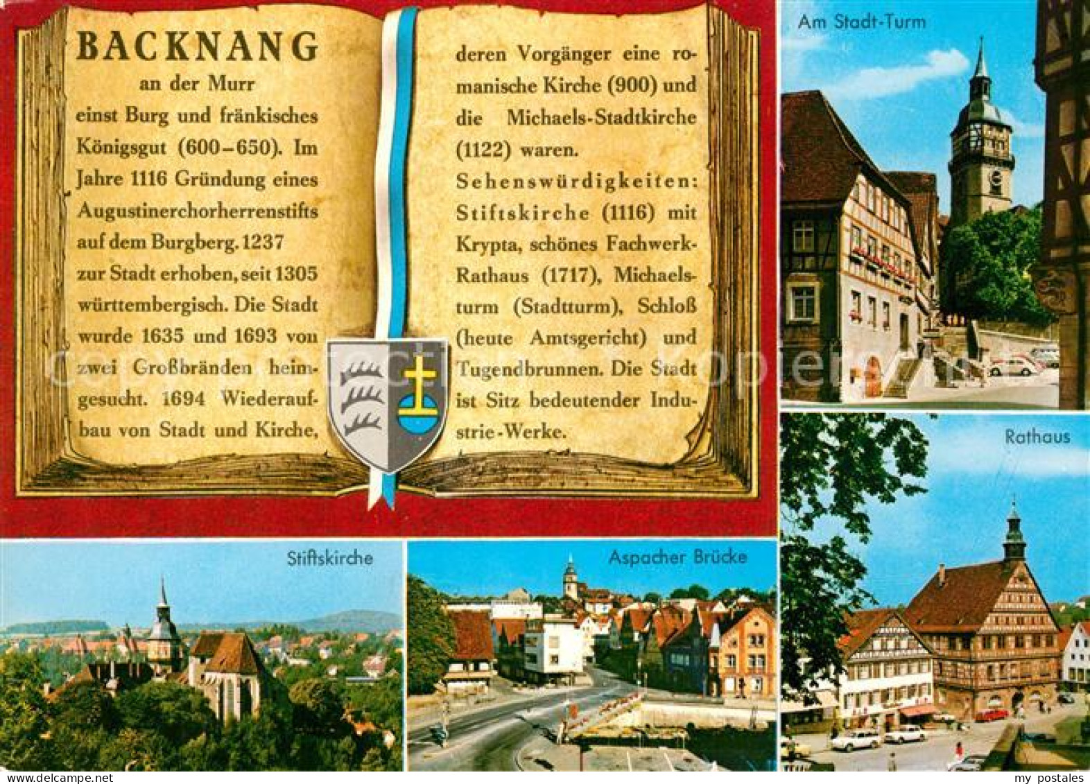 73182514 Backnang Stadtturm Rathaus Aspacher Bruecke Stiftskirche Chronik Wappen - Backnang