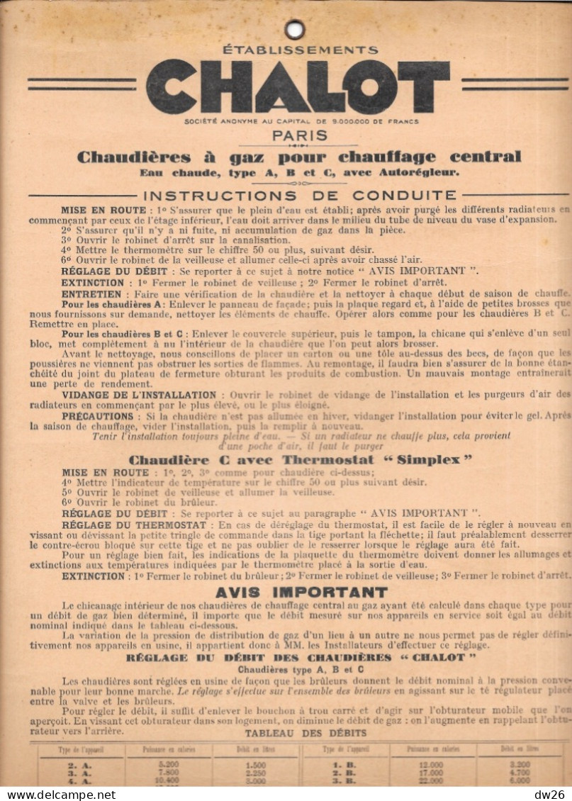 Instructions De Conduite: Chaudières à Gaz Pour Chauffage Central - Etablissements Chalet, Paris - Máquinas