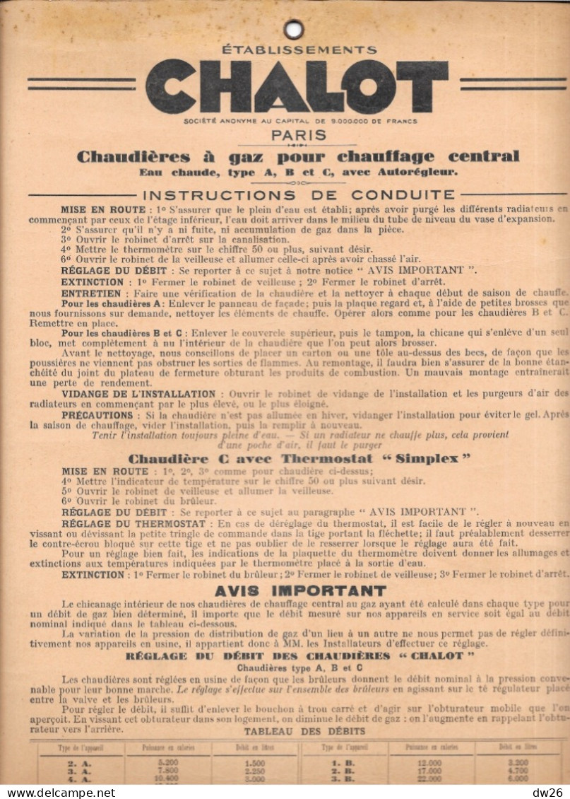 Instructions De Conduite: Chaudières à Gaz Pour Chauffage Central - Etablissements Chalet, Paris - Machines