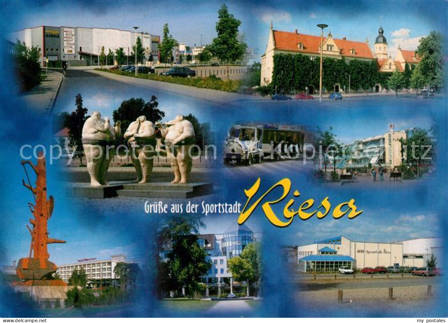 73182399 Riesa Sachsen Erdgas Arena Rathaus Skulpturen Stadtbahn Sparkasse Elbqu - Riesa