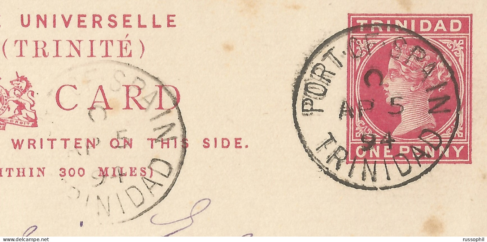 TRINIDAD & TOBAGO - ONE PENNY POSTAL STATIONERY POST CARD "VICTORIA" SENT FROM PORT OF SPAIN TO GERMANY - 1894 - Trinidad Y Tobago