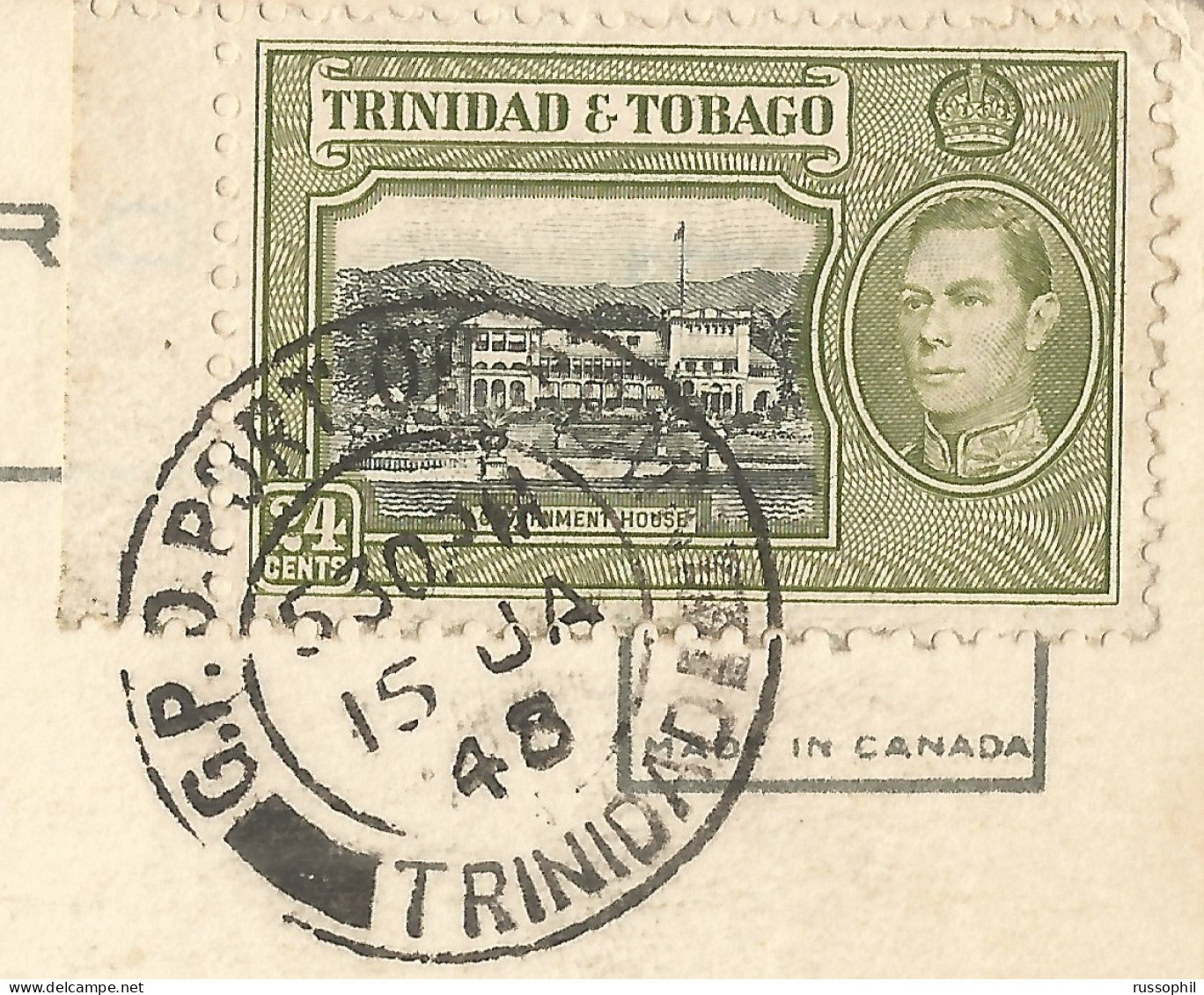 TRINIDAD & TOBAGO - 24 CENT FRANKING (SCOTT #58 ALONE ) ON PC (VIEW OF TRINIDAD) SENT TO FRANCE - 1948 - Trinidad & Tobago (...-1961)