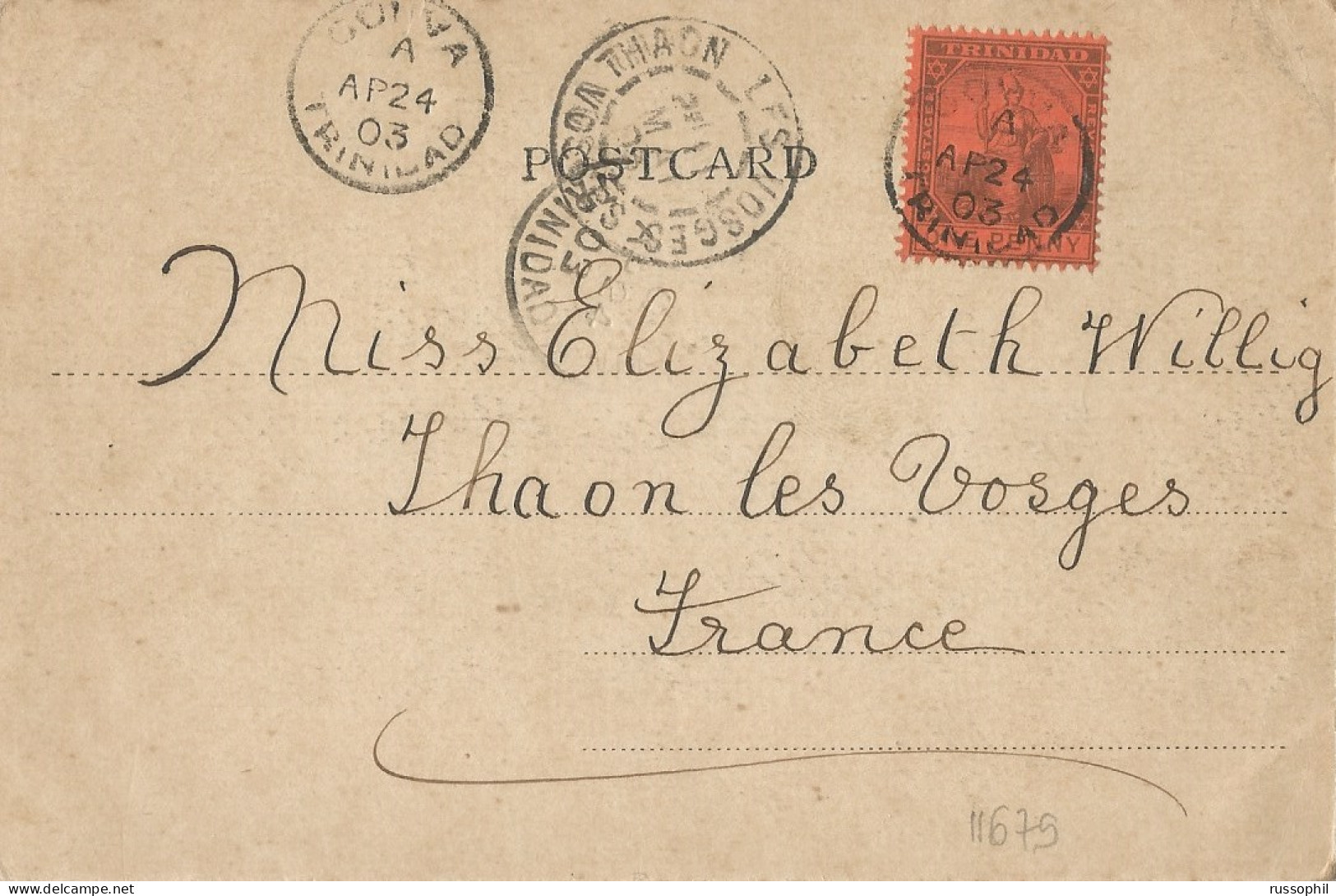 TRINIDAD & TOBAGO - FRANKED PC (VIEW OF TRINIDAD) SENT FROM COUVA TO FRANCE-  1903 - Trinidad & Tobago (...-1961)