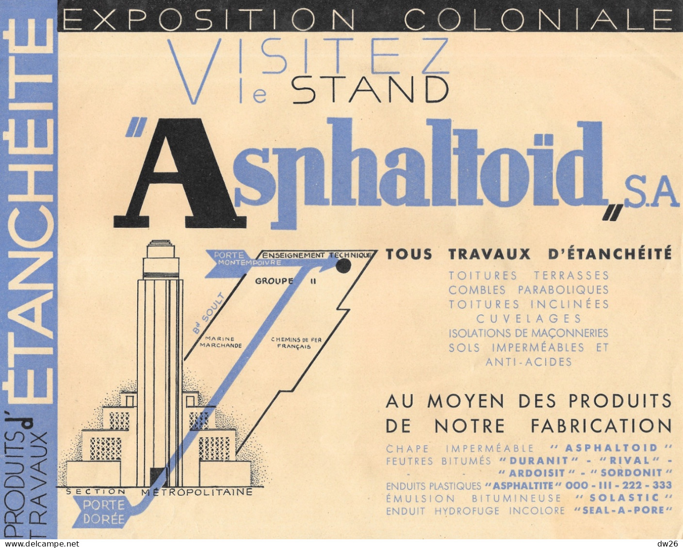 Publicité: Affiche Travaux D'Etanchéité Asphaltoïd S.A. - Visitez Le Stand à L'Exposition Coloniale 1931 - Reclame