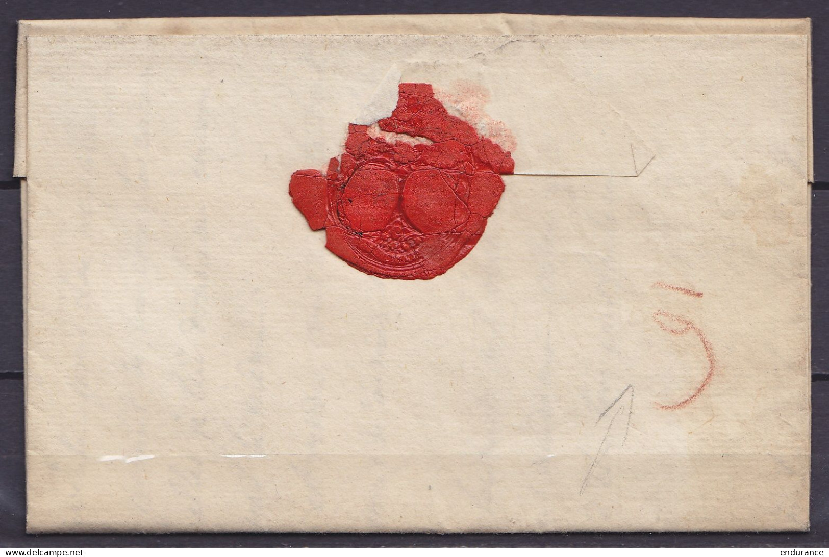 L. Datée 30 Décembre 1761 De MONS Pour BRUGES - Griffe Rouge "MONS" - Port "5" (au Dos : "marque De Messager "6"?) - 1794-1814 (French Period)