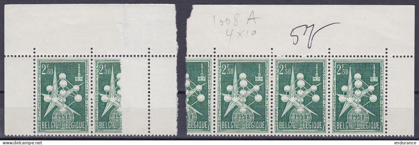 Bande Sur Raccord De 5x N°1008A ** "Atomium" 2,50f Vert Exposition De Bruxelles 1958 (haut De Feuille) (certificat Micha - 1714-1794 (Pays-Bas Autrichiens)