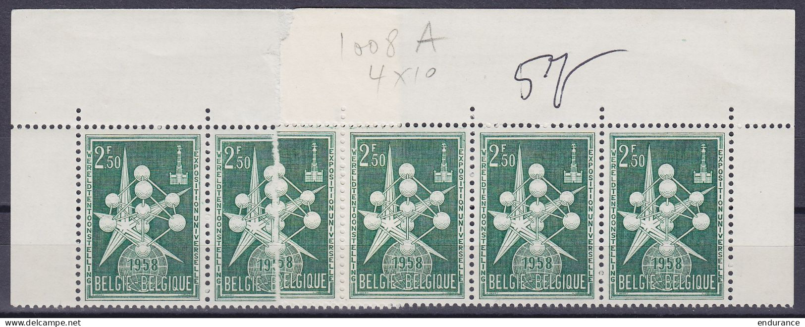 Bande Sur Raccord De 5x N°1008A ** "Atomium" 2,50f Vert Exposition De Bruxelles 1958 (haut De Feuille) (certificat Micha - 1714-1794 (Oesterreichische Niederlande)