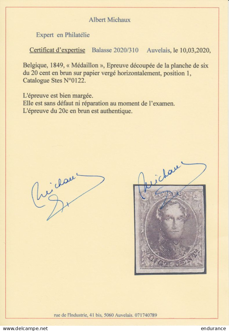 Epreuve Du "Médaillon" (1849) Découpée De La Planche De 6 Du 20c Brun Sur Papier Vergé Horizont. Pos.1 (Stes 0122) - 1714-1794 (Pays-Bas Autrichiens)