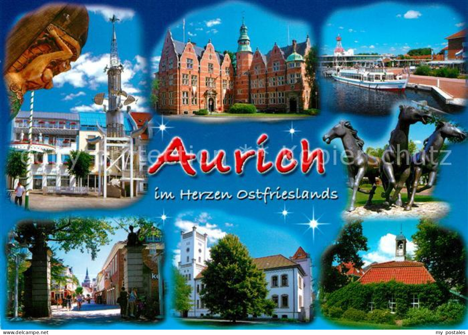 73180736 Aurich Ostfriesland Innenstadt Fussgaengerzone Schloss Pferdeskulpturen - Aurich