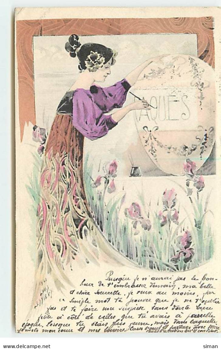 N°18103 - Lessieux - Iris - Jeune Femme Peignant Le Mot Pâques Sur Un Oeuf - Lessieux