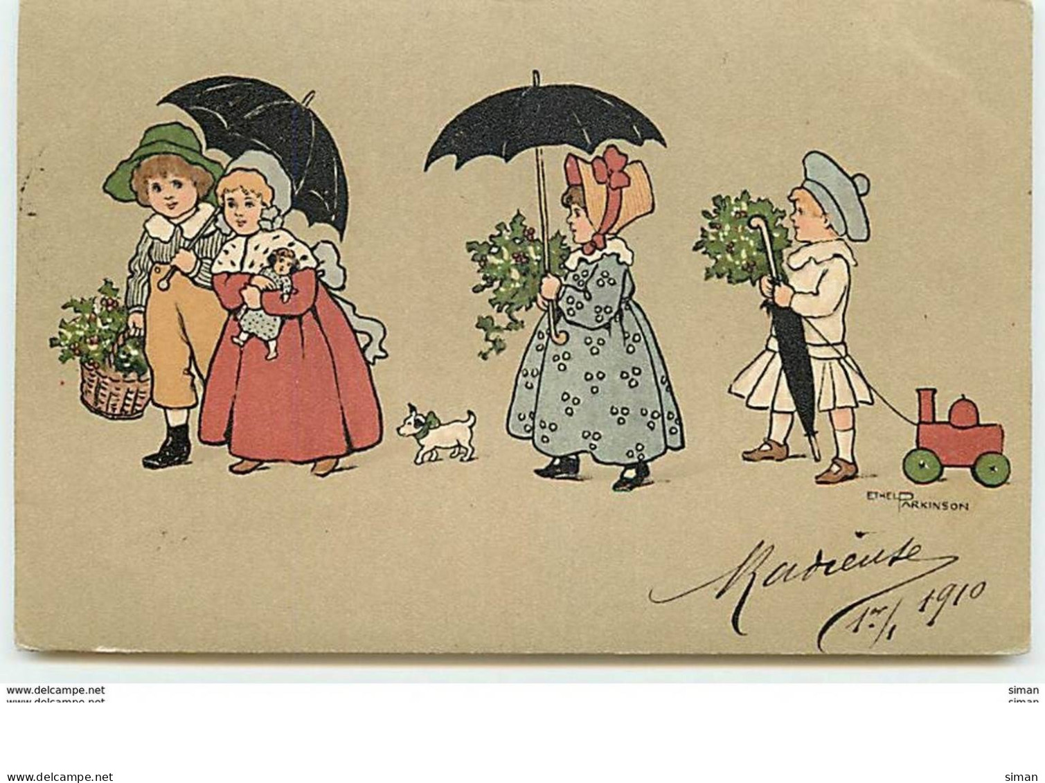 N°10310 - Carte Illustrateur - Ethel Parkinson - Enfants Avec Du Houx Et Du Gui - Parkinson, Ethel