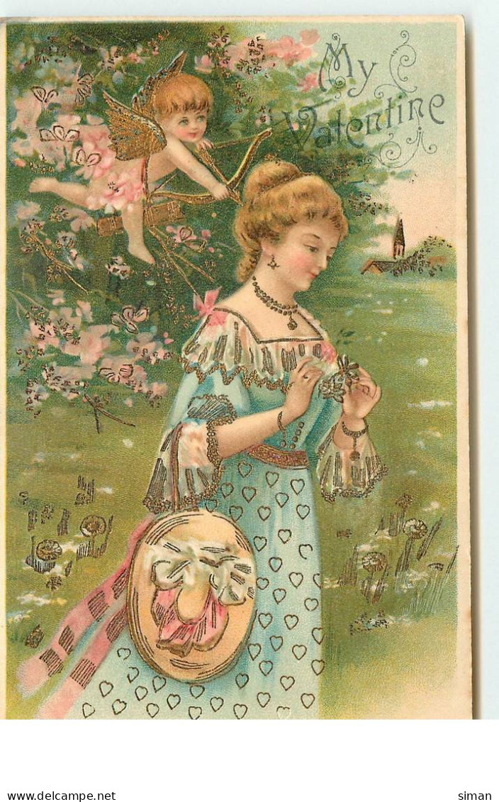 N°16968 - Carte Gaufrée - My Valentine - Cupidon Visant Une Jeune Femme - Valentine's Day