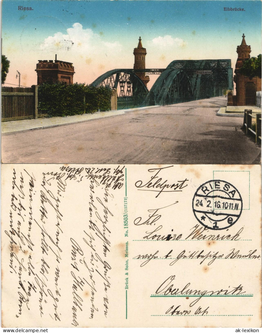 Ansichtskarte Riesa Partie Auf Der Elbbrücke 1916  Gel. Feldpost WK1 - Riesa