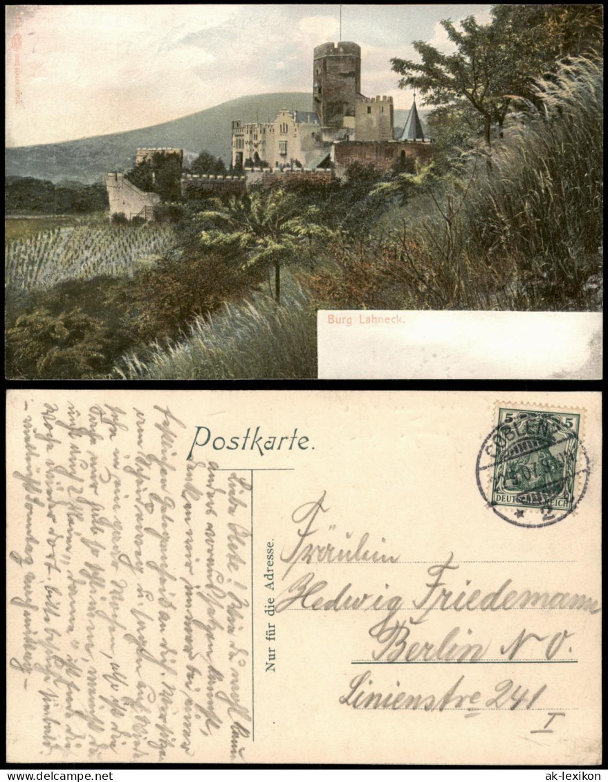 Ansichtskarte Lahnstein Burg Lahneck 1907   Gelaufen Mit Stempel COBLENZ - Lahnstein