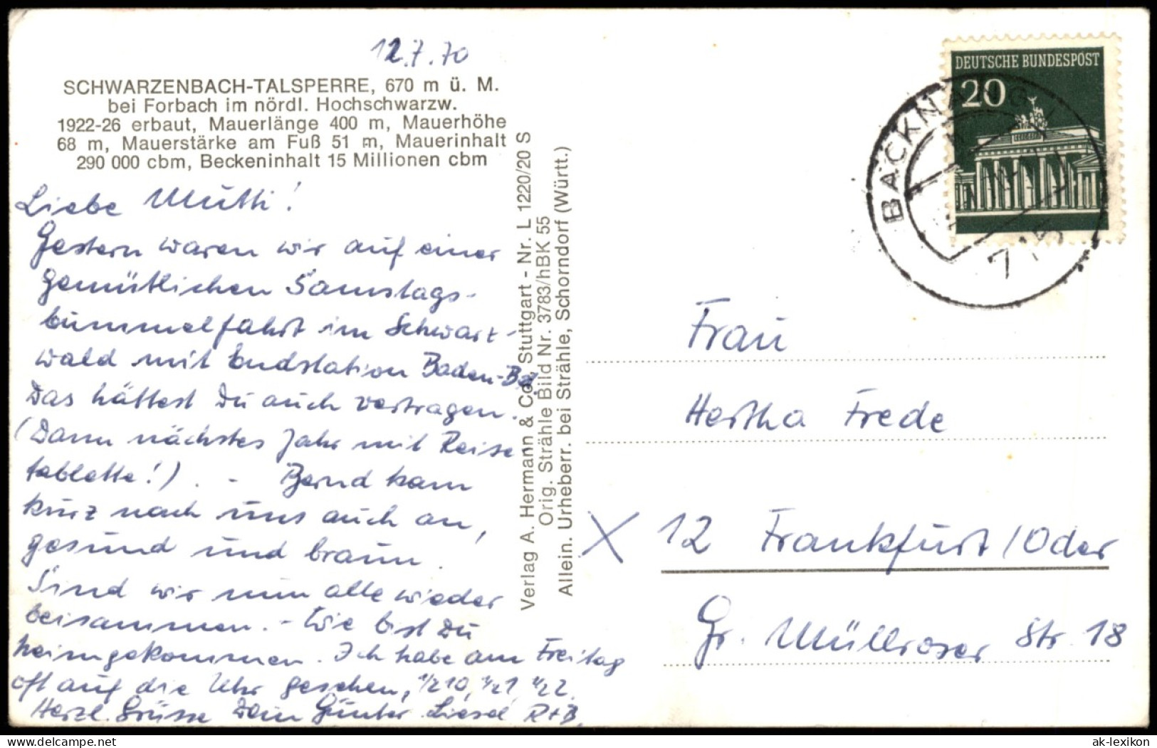 Ansichtskarte Forbach (Baden) Schwarzenbach-Talsperre Sperrmauer 1970 - Forbach