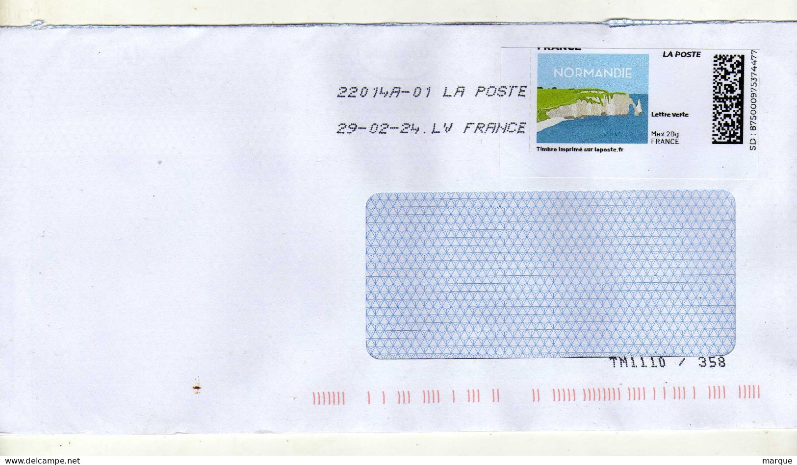 Enveloppe FRANCE Avec Vignette Affranchissement Lettre Verte Oblitération LA POSTE 22014A-01 29/02/2024 - 2010-... Vignette Illustrate