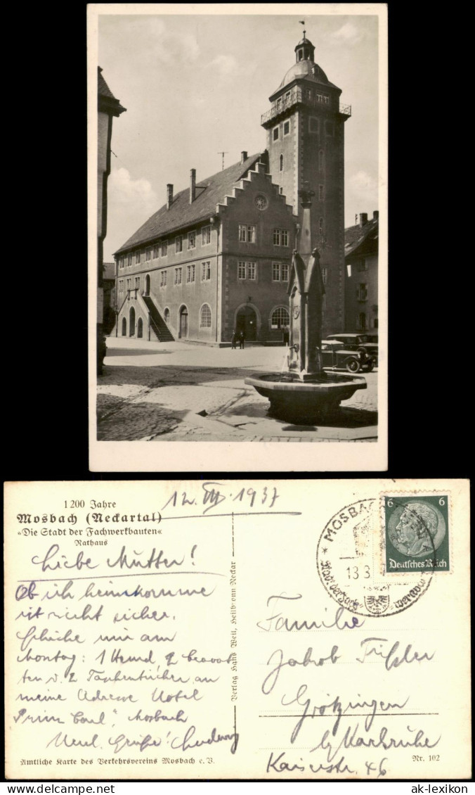 Ansichtskarte Mosbach (Baden) Rathaus, Brunnen - Auto 1937 - Mosbach