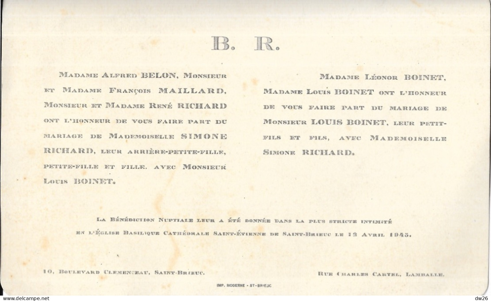 Faire-part De Mariage Louis Boinet Et Simone Richard, Le 12 Avril 1945 à Saint-Brieuc (22) - Mariage