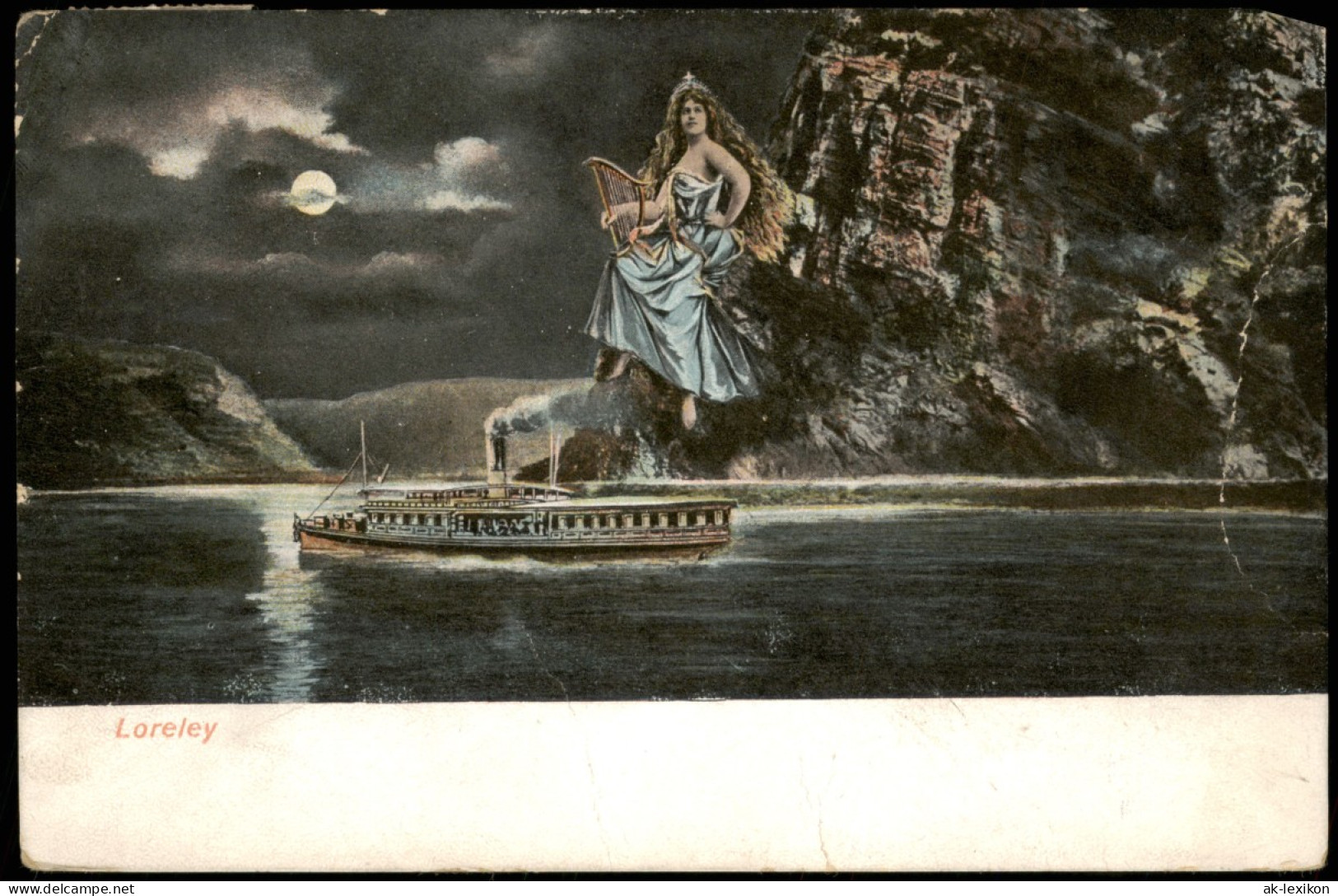 St. Goarshausen Loreleyfelsen Am Rhein Bei Nacht Frau Und Dampfer 1912 - Loreley