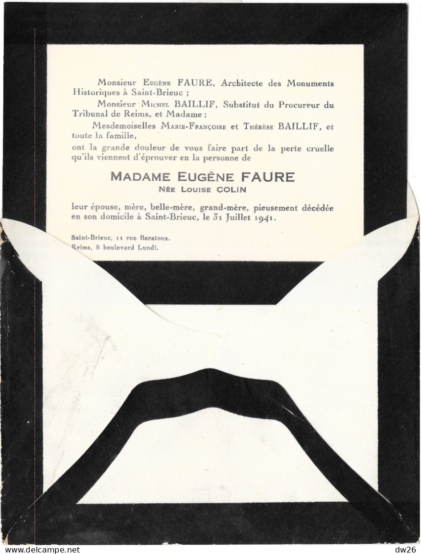 Faire-part De Décès De Madame Eugène Faure, Née Louise Colin, Le 31 Juillet 1941 à Saint-Brieuc (22) - Todesanzeige