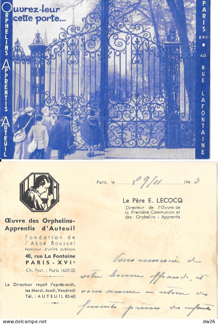 2 Documents: Oeuvre Des Orphelins Apprentis D'Auteuil, Paris - Dépliant + Courrier Père E. Lecocq, Directeur - Zonder Classificatie