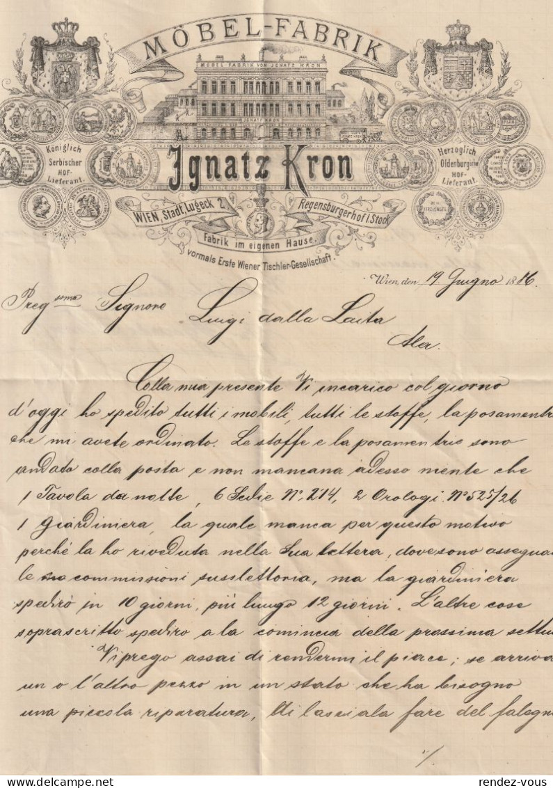 Fattura - Lettera Comm. -   Anno  1886  -  Vienna , Fabbrica Di Mobili  " Ignatz  Kron " - Autriche