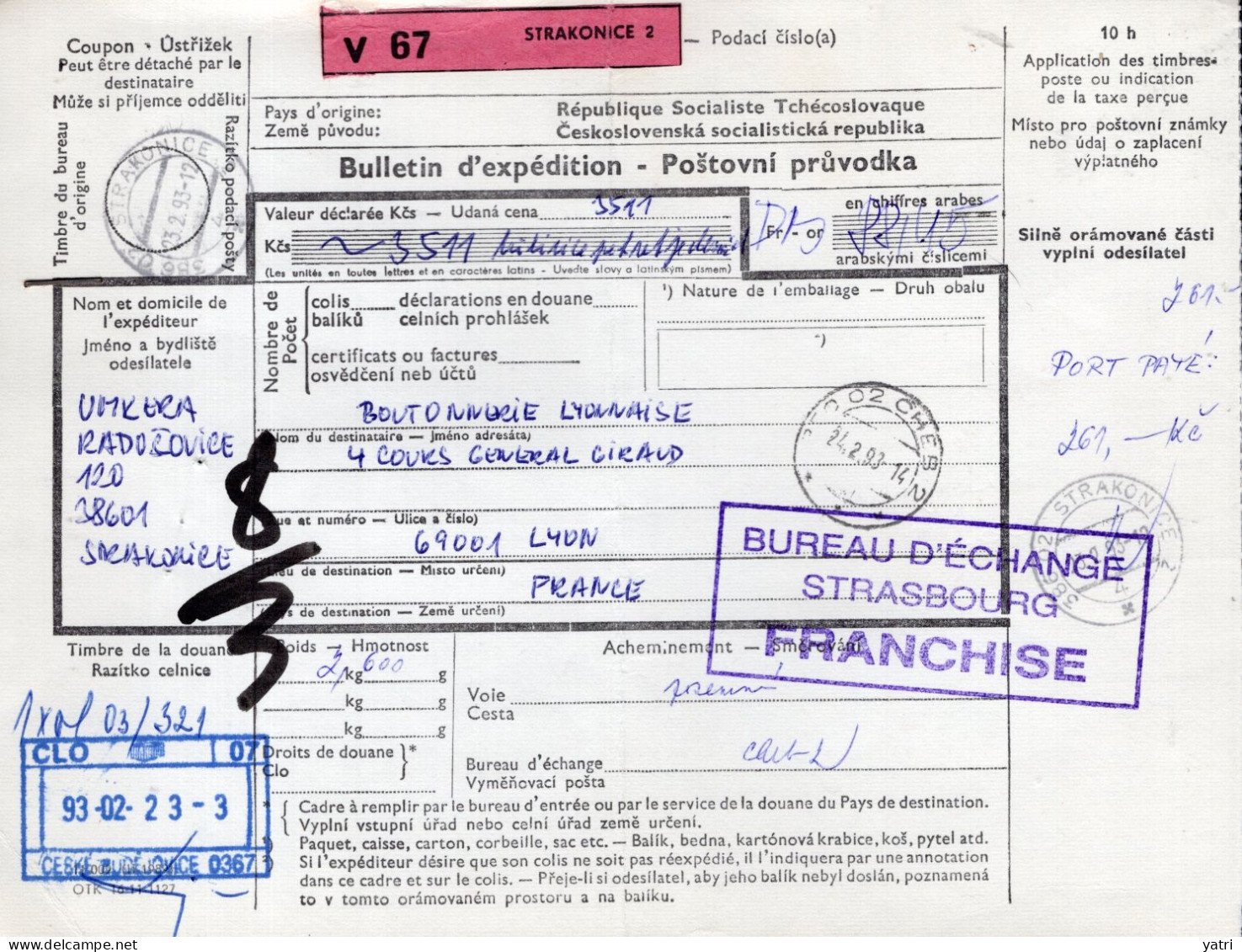 Repubblica Ceca (1993) - Bollettino Pacchi Per La Francia - Cartas & Documentos