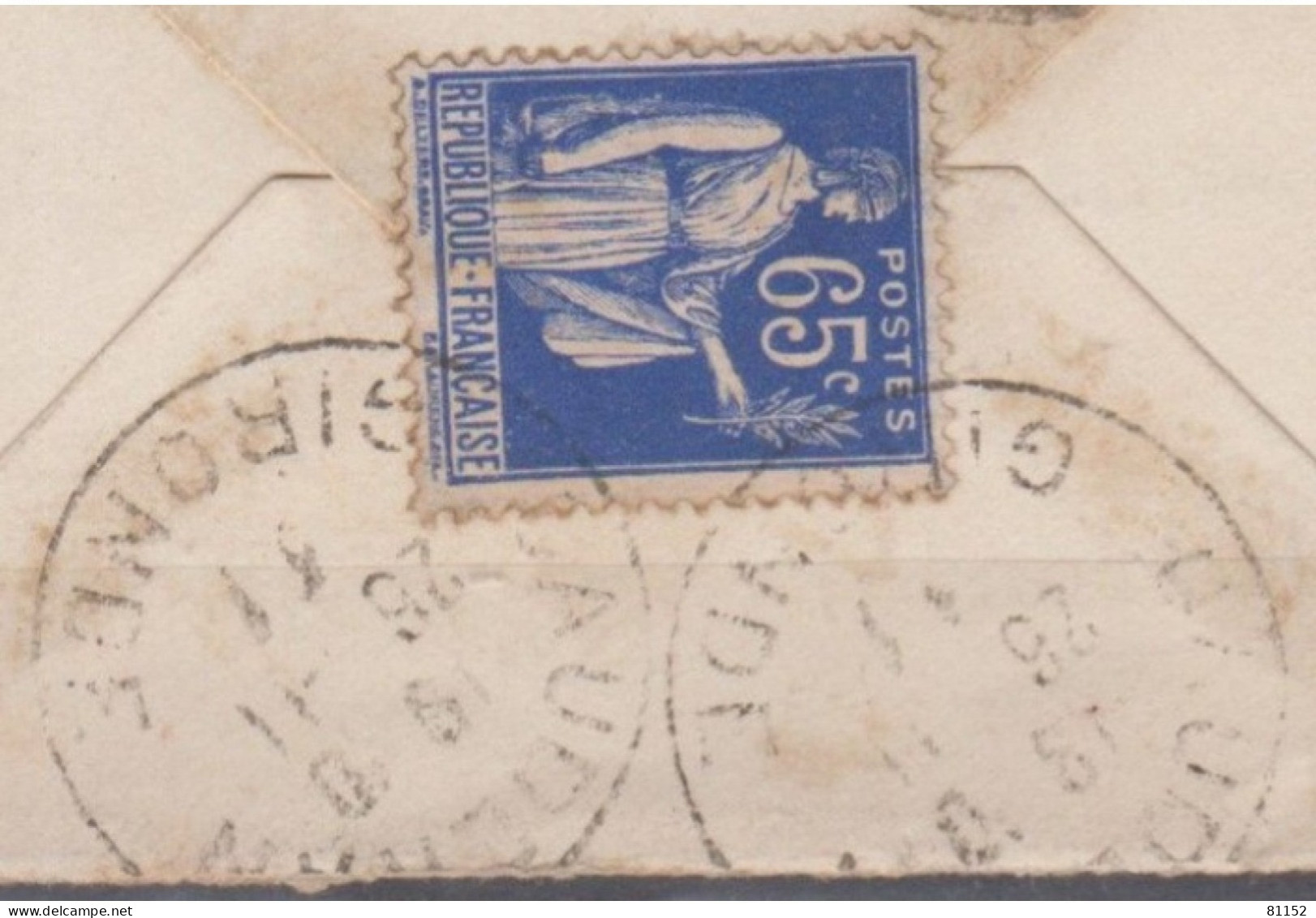 PAIX 65c  Sur Lettre Mignonette De CAUDERAN Gironde  Année  1937   Pour ST-EMILION Gironde - 1932-39 Paz