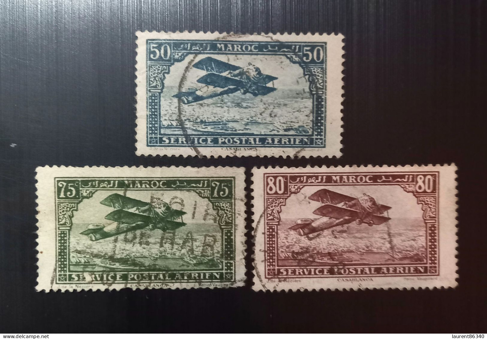 Maroc Poste Française 1922 Airmail - Plane Over Casablanca - Inscribed MAROC Above, POSTAL SERVICE AERIEN Below - Used Stamps