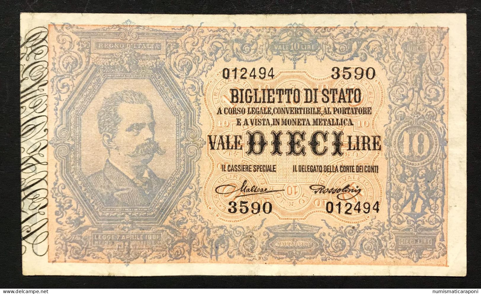 10 Lire Vitt. Em. III° Effige Umberto I° 19 09 1923 Maltese Rossolini Rara Lavata  Lotto 337 - Italia – 10 Lire