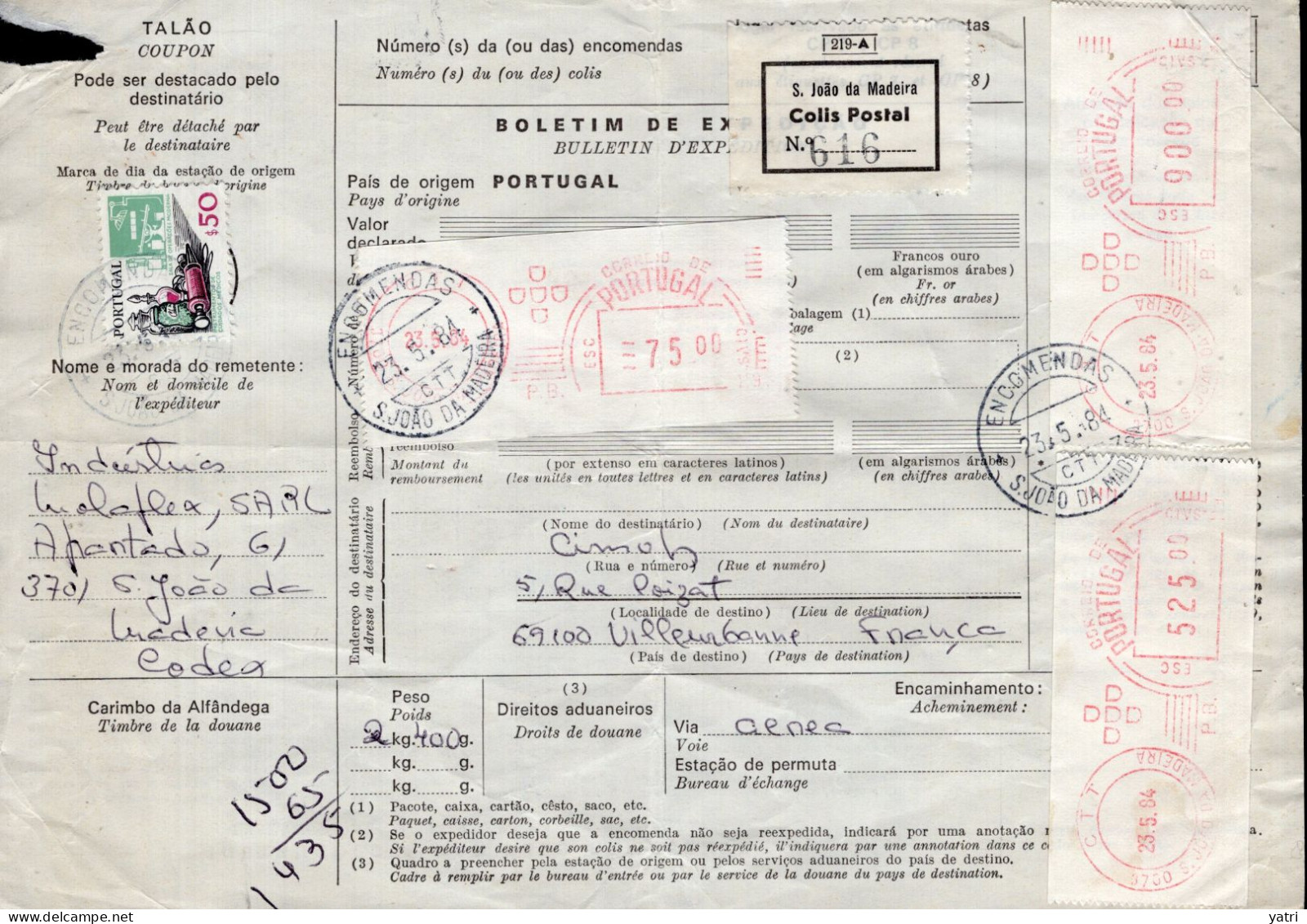 Portogallo (1984) - Bollettino Pacchi Per La Francia - Cartas & Documentos