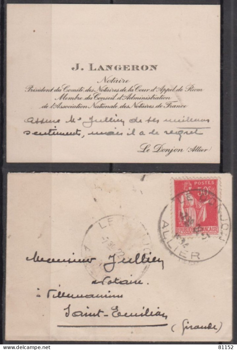 Paix 50c   Sur  Mignonette  + Courrier De LE DONJON Allier  1934 Pour ST-EMILION  Gironde - 1932-39 Paix
