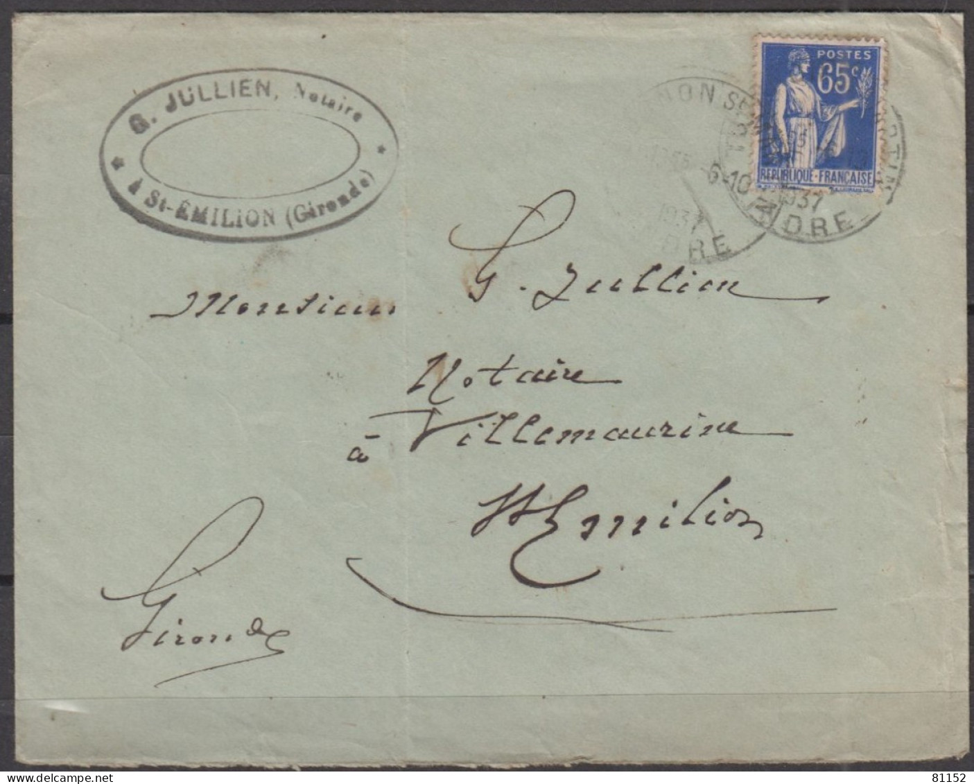 PAIX 65c  Sur Lettre   Année  1937   Pour ST-EMILION Gironde - 1932-39 Paix