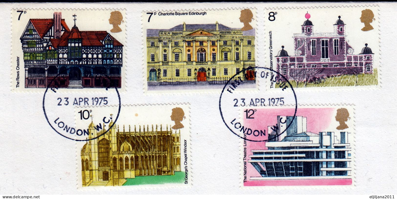 Great Britain GB 1975 QEII ⁕ European Architectural Heritage Year Mi.673-677 ⁕ FDC Cover Traveled London - 1971-1980 Em. Décimales