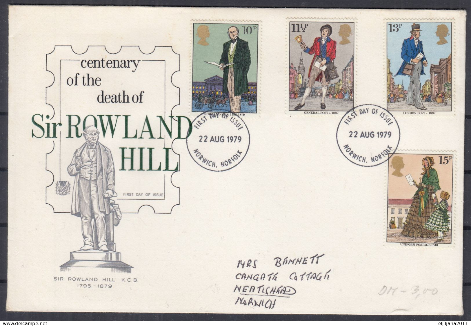 Great Britain GB 1979 QEII / Norwich Norfolk ⁕ 100th Sir ROWLAND HILL Mi.804-807 ⁕ FDC Cover Traveled - 1971-1980 Em. Décimales