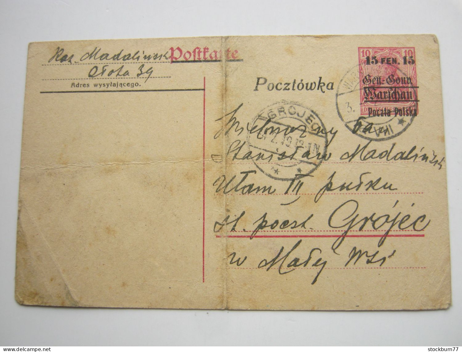 1919 , 15 F. Ganzsache Aus WARSCHAU Nach Grojec , Knicke + Altersspuren - Storia Postale