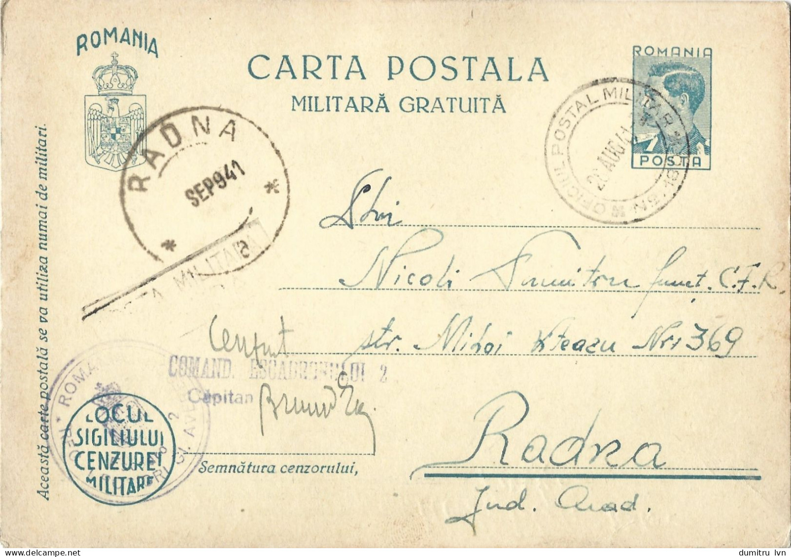 ROMANIA 1941 FREE MILITARY POSTCARD, MILITARY CENSORED, OPM 180, POSTCARD STATIONERY - Cartas De La Segunda Guerra Mundial