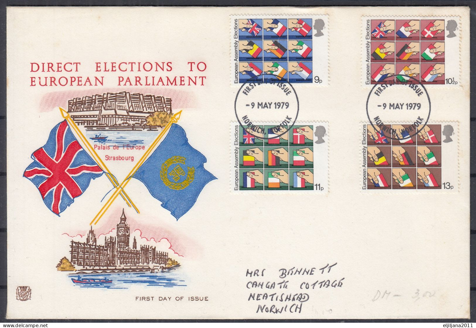 Great Britain GB 1979 QEII / Norwich Norfolk ⁕ EUROPEAN PARLIAMENT Mi.789-792 ⁕ FDC Cover Traveled - 1971-1980 Em. Décimales