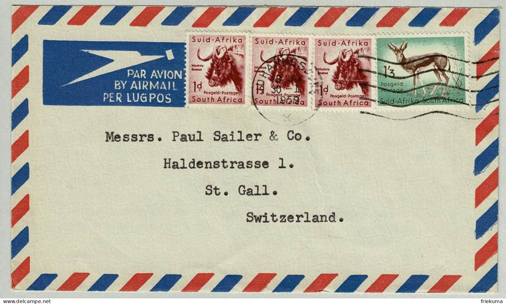Südafrika / South Africa 1959, Luftpostbrief Johannesburg - St. Gallen (Schweiz), Gnu, Springbock - Lettres & Documents