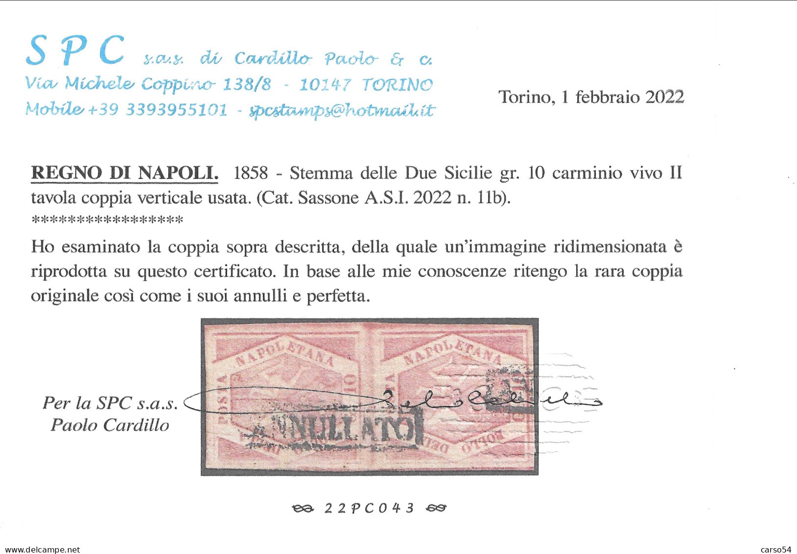 NAPOLI 1859 - 10 Grana II Tavola, Carminio Vivo (Sassone N. 11b) Coppia Verticale Usata (valore Catalogo 9.000 Euro) - Neapel