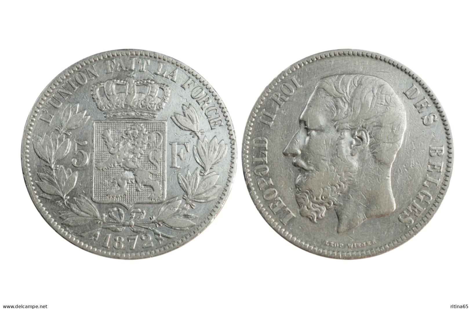 BELGIO !!! 5 FRANCS 1872 IN ARGENTO KM# 24 - 5 Francs