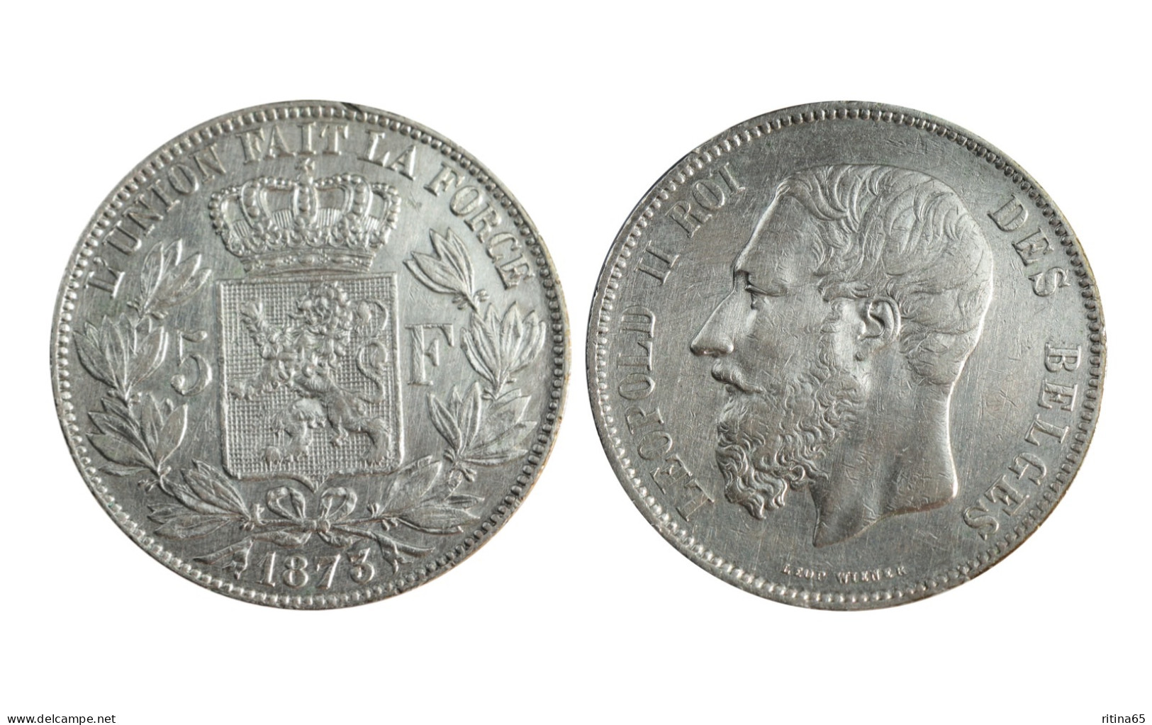 BELGIO !!! 5 FRANCS 1873 IN ARGENTO KM# 24 - 5 Francs