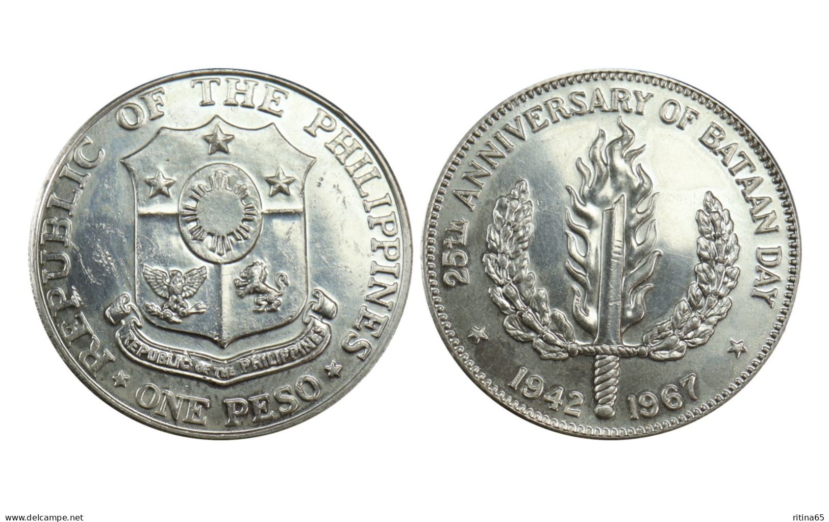 FILIPPINE !!! 1 PESO 1967 ANNIVERSARIO BATAAN DAY IN ARGENTO KM# 195 - Philippines