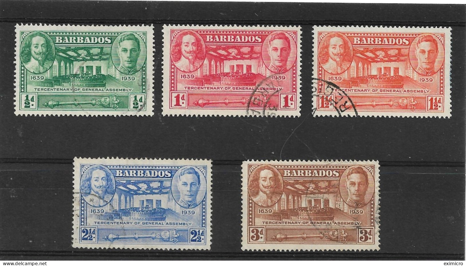 BARBADOS 1939 TERCENTENARY OF GENERAL ASSEMBLY SET SG 257/261 FINE USED Cat £15 - Barbados (...-1966)