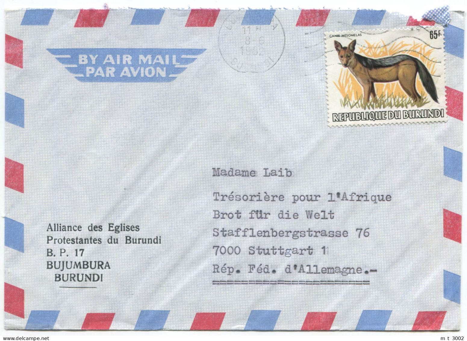 Cover Burundi 1982 Bujumbura  Canis Mesomelas Michel 1592 Black-backed Jackal - Storia Postale