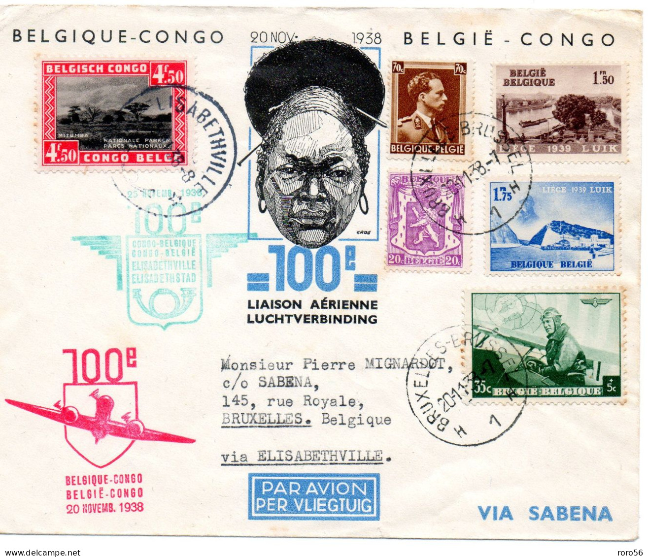 Belgique-Congo--Bruxelles 20 Novembre 1938-100e Congo-Belgique -Elisabethville-voir Les Scans - Cartas & Documentos